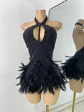 Women Sexy Halter Beading Feather Tight Bodysuit Nightclub Performance Leotard Luxury Party Celebrate Stage Wear