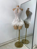 Women Sexy Halter Beading Feather Tight Bodysuit Nightclub Performance Leotard Luxury Party Celebrate Stage Wear