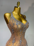 Sparkly Crystal Diamond Gold Sexy See-Through Sheath Dress Nightclub Performance Custome Stage Wear Birthday Evening Party Dress