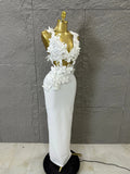 2026 Glamorous White 3D Floral Maxi Dress Women Sexy V-Neck Sheer Cutout Waist Bodycon Outfit Evening Gala Party Costume