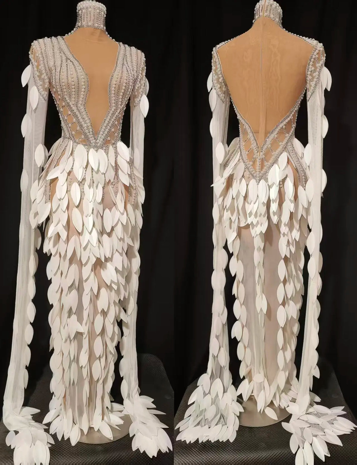 Women Elegant Sparkly Diamond Pearls Leaf Long Sleeves Mesh Sheer Maxi Dress Eveing Birthday Party Sexy Nightclub Stage Costume