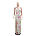 Flower Print Sequin Long Dress for Women Sexy Spaghetti Strap High Slit Maxi Dress Vacation Party Birthday Prom Summer Robe