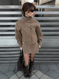 Collar Zip Cropped Women 2pcs Suede Matching Set Oversized Long Sleeve Jacket Belt Detail Mini Skirt Two Piece Sets Daily Jacket