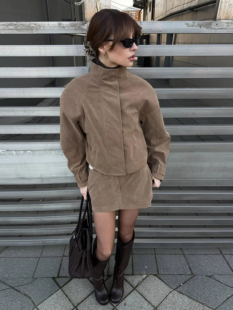 Collar Zip Cropped Women 2pcs Suede Matching Set Oversized Long Sleeve Jacket Belt Detail Mini Skirt Two Piece Sets Daily Jacket