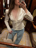 Sexy V-neck Lace Patchwork Solid Top Women Short Sleeve Single Breasted Lace Up Loose Tops Female Spring Chic Casual Streetwear