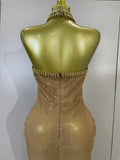 Sexy Halter Sparkly Diamonds Golden Mesh Sequins Maxi Long Dress Women Elegant Evening Party Birthday Luxury Wedding Guest Gown