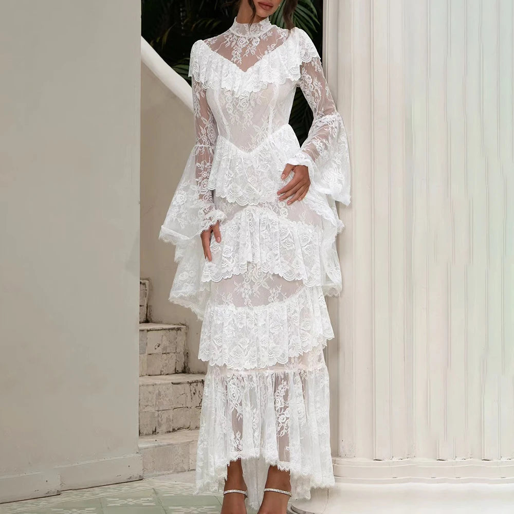 Retro Luxurious Wedding Dress for Women Stand Collar Flare Sleeve Spliced Ruffles Irregular Hem Party Long Dresses Female