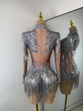 Sparkly Crystal Diamond Sexy Sheer See Through Shining Tassels Dress Long Sleeve Prom Dress Birthday Party Performance Dress