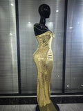 Gold Silver Shining Sequins Women Sexy Strap V-Neck Bodycon Long Dress Celebrity Red Carpet Evening Party Clothing