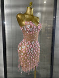 Shining Rhinestones Women Sexy Strapless Mesh See Through Florals Bodycon Mini Dress Performance Costumes Celebrate Stage Wear