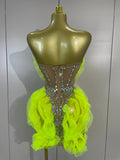 Sexy Sparkly Diamonds Strapless Mesh Ruffled See Through Mini Dress Women Eveing Party Birthday Nightclub Bar Stage Show Costume