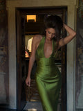 Elegant Satin Corset Long Dresses Luxury Women's Halter Maxi Dress Evening Wedding Guest Party Gown Brown Red Green Burgundy New