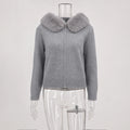 Women Hooded Knit Cardigan Sweater Coat Fluffy Faux Fur Collar Two Way Zip Solid  Loose Casual Jacket 2026 Autumn Winter