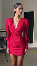 Sexy Women Deep V Puff Long Sleeve Satin Dress Solid Waist-cinching Design Ruched Slim Fit Dresses Elegant Party Lady Gowns 2026