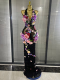 Black Khaki Women Sexy Halter Backless 3D Flowers Bodycon Long Maxi Dress Celebrate Evening Party Performance Costumes Wear