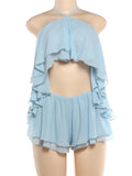 Ruched Elegant 2 Piece Set Woman Tierred Design Halter Backless Irregular Tops+Mini Shorts Beach Party Style Suits