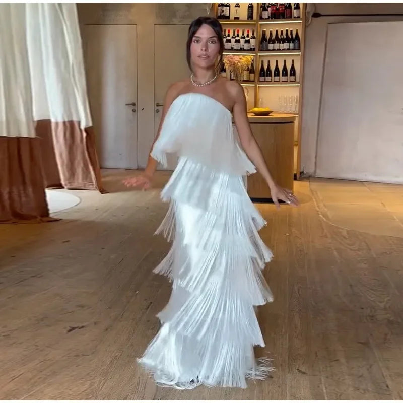 Ladies Strapless Fringe Maxi Gown Tiered Asymmetrical Sleeveless Slim Robe Summer Beach Club Cocktail 2026 New Chic Hot Vestidos
