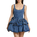 3D Flower Double-layer Denim Slip Short Dress Women Fashion Sleeveless High Waist Mini Dresses Chic Lady Party Robe