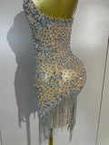Women Evening Party Luxury Birthday Dress Photo Shoot  Stage Outfit  Sparkly Diamonds Tassel Mesh Transparent Bodycon Mini Dress