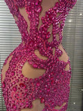 Shining Rosered Crystal Women Sexy One Shoulder Mesh See Through Bodycon Mini Dress Bar Singer Celebrate Performance Costumes