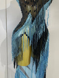Sparkly Diamonds Tassel Long Dress Birthday Evening Party Sexy Strapless Side High Slit Mesh See Through Nightclub Stage Costume
