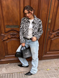 Women Chic Zebra Print Faux Fur Cropped Jacket Lapel Collar Single Breasted Warm Short Coat Autumn Winter Fashion Street Jackets