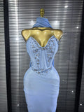 3 Colors Women Sexy Strapless Shining Crystal Bodycon Long Bandage Dress Evening Party Celebrate Elegant Cocktail Outfit