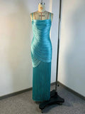Glam Shiny Spaghetti Strap Cowl Neck Ruched Wrap Maxi Dress for Women High Split Overlay Fringe Hem Club Party Evening Wear