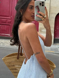 Blue Halter Pleated Long Beach Dress Women's Backless Sleeveless Puff Maxi Dresses Summer Evening Party Holiday Vacation New In