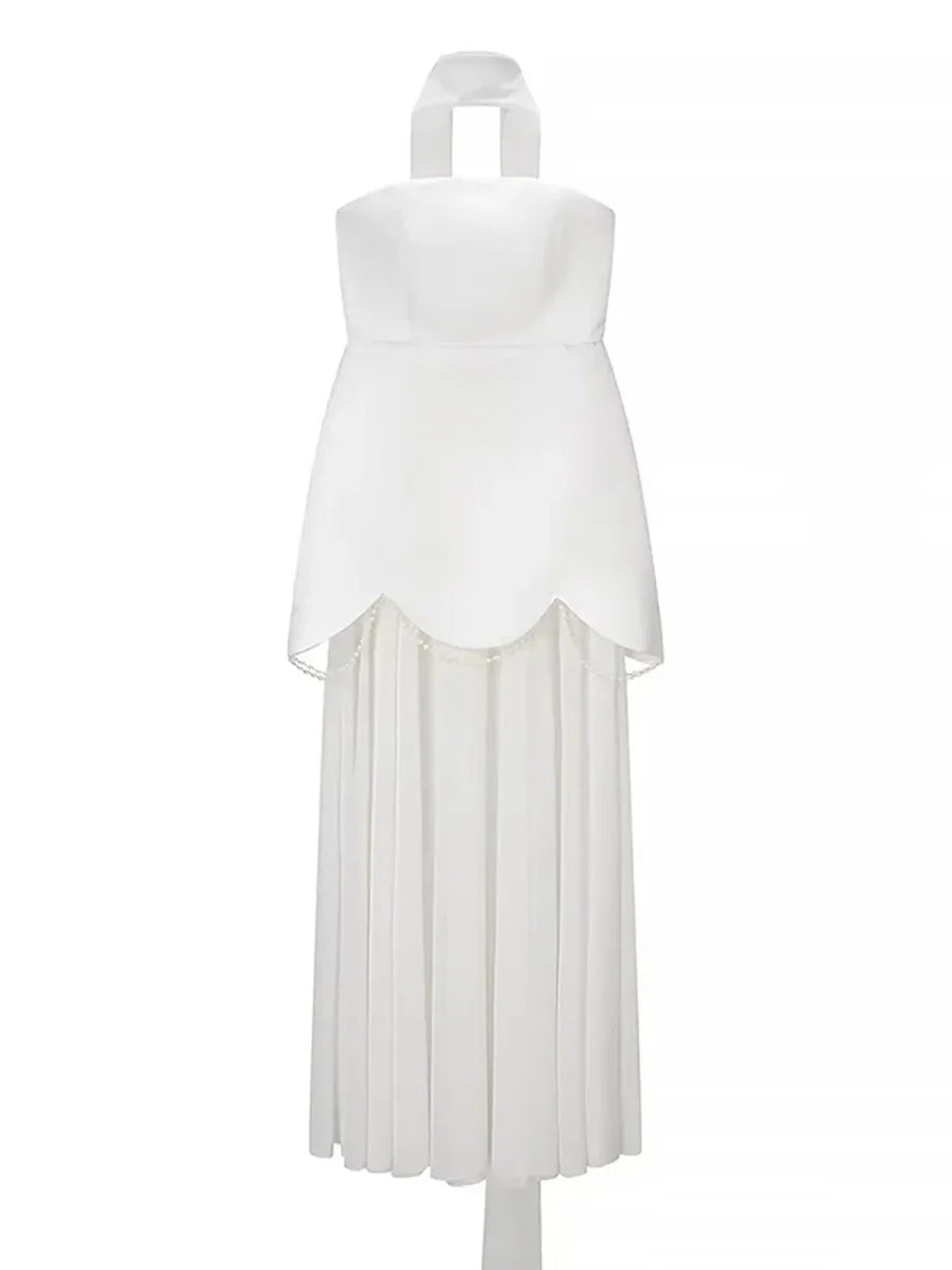Evening Patchwork Ribbon Dress for Women Strapless Spliced Pearls Decoration Slim Fairy Mesh Maxi Dresses Female