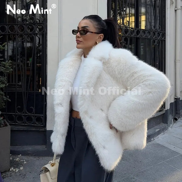 Chic Street Hot Girls Winter Pure White Faux Fur Jacket Women Fuzzy Lapel Collar Fox Fur Coat Thick Warm Outerwear