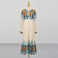 Vintage Loose Two Piece Set for Women V Neck Puff Sleeve Spliced Lace Up Top High Waist Fold Printing Skirt Suit Female New