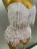 Sexy Pearl Sequins Tassel Sleeveless Glitter Mini Dress Women Singer Bar Nightclub Stage Performance Clothing Show Outfit