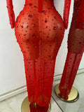 Sparkly Rhinestone Women Sexy Mesh See Through Floor Length Long Sleeve Birthday Dress Party Nightclub Stage Wear