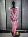 Pink Golden Women Sexy Mesh See Through Bodycon Long Dress 3D Leaves Celebrate Birthday Photoshoot Performance Costumes Wear