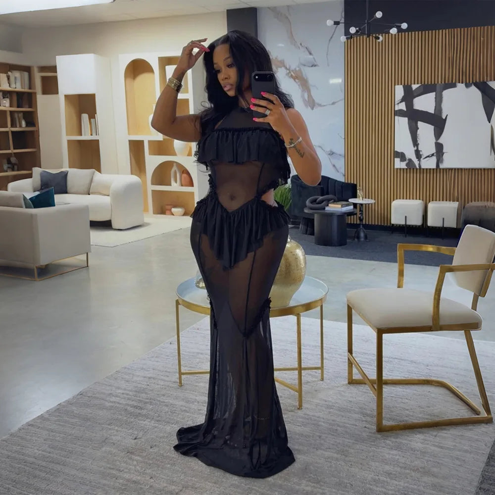 Elegant Halter Neck Long Dress for Women Ruffle Tiered Bodice Side Cutout Sheer Mermaid Skirt Sexy Party Prom Wedding Guest