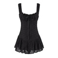 Solid Spliced Lace Up Mini Dresses for Women Square Neck Sleeveless High Waist Temperament Dress Female New