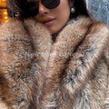 Fashion 90s Vintage Retro Brown Striped Faux Fur Coat Women Winter Chic Scraf Collar Overcoat Fox Fur Jacket