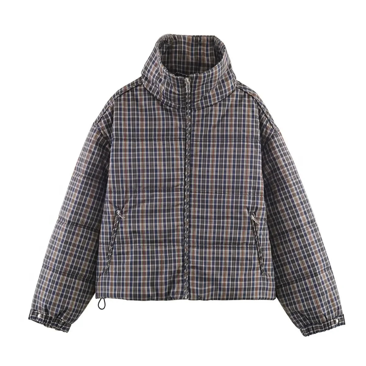 Trendy Vintage Plaid Padding Jacket Women Stand-up Collar Zipper Cotton Coat Lady Fall Winter High Street Casual Outwear 2026