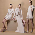 New Arrival Elegant Lady 2 Piece Skirt Set Bead Crystal Suit Long Sleeve Jacket Slim Split Midi Skirt Women 2 Pcs Outfit