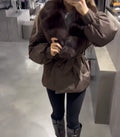 Women Short Belted Puffer Jacket Large Faux Fox Fur Collar Waist Tie Puff Sleeve Thick Warm Coat Winter Elegant 2026 Streetwear