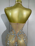 Women Luxury Crystals Diamonds Sexy Halter Mesh See Through Celebrate Birthday Gowns Evening Party Nightclub Singer Stage Wear