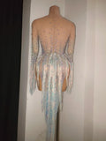 Sexy Sparkly Rhinestone Tassel Long Sleeves Mesh See Through Mini Dress 2026 Women Latin Dance Nightclub Party Club Stage Wear