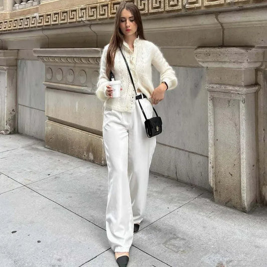 Women's White Cardigan Fashion Hollow Lace Patchwork Loose Sweaters Elegant New Office Basic Autumn Female Cardigan
