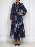 Floral Print Shirt Maxi Dress for Women Point Collar Long Lantern Sleeve Button Front Detachable Buckle Belt Sheer Chiffon
