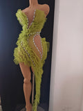 Sparkly Green Diamonds Sexy Mesh Asymmetric Bodycon Mini Dress Celebrate Eveing Birthday Party Nightclub Red Carpet Stage Wear