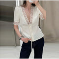 Sexy V-neck Lace Patchwork Solid Top Women Short Sleeve Single Breasted Lace Up Loose Tops Female Spring Chic Casual Streetwear