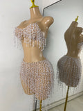 Women Glitter Crop Top Short Mesh Pearls Sets Nightclub Performance Outfit Two Pieces Party Birthday Clothing