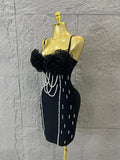 Elegant Black Bodycon Dress with Pearl Embellishments and Tulle Rose Bustier Ideal for Women Formal Event Evening Party