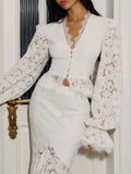 White High End Two Piece Set for Women V Neck Long Sleeve Slimming Top High Waist Asymmetrical Long Skirt Luxury Suit Female